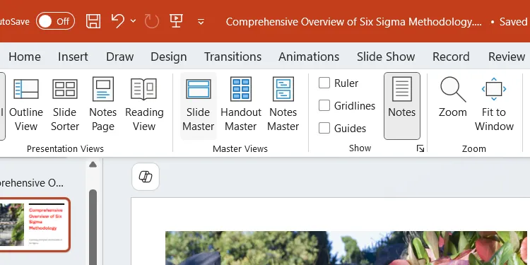Nút Slide Master trong tab View của PowerPoint, giúp truy cập chế độ xem tổng thể để chỉnh sửa bố cục và định dạng cho toàn bộ slide.