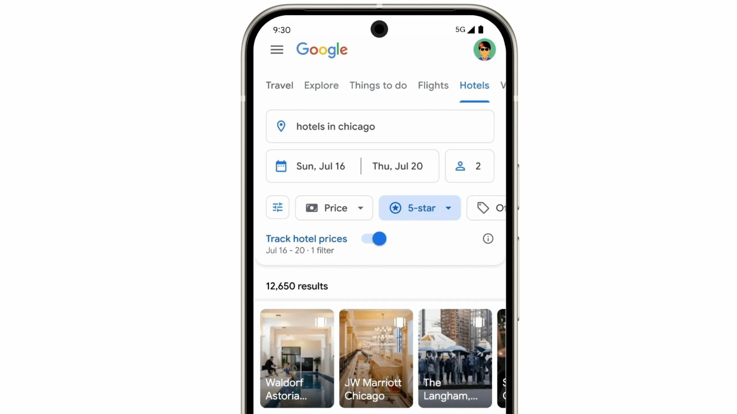 Nút &quot;Theo dõi giá khách sạn&quot; trên giao diện tìm kiếm khách sạn của Google, giúp nhận thông báo giảm giá