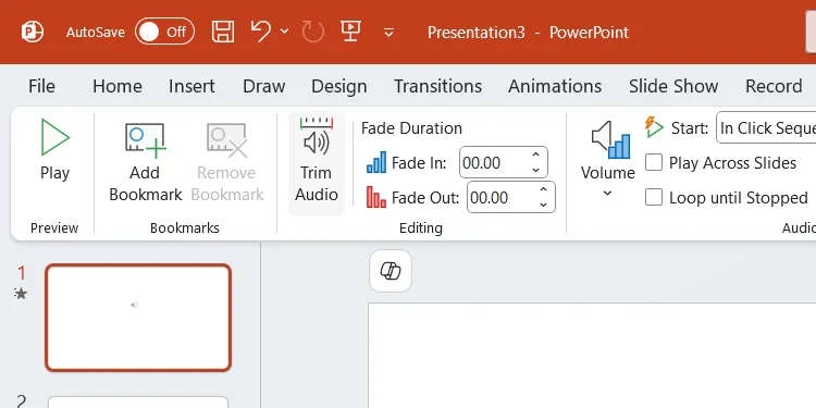 Nút Trim Audio trong tab Playback của PowerPoint, cho phép cắt và điều chỉnh độ dài của tệp âm thanh được chèn vào slide.