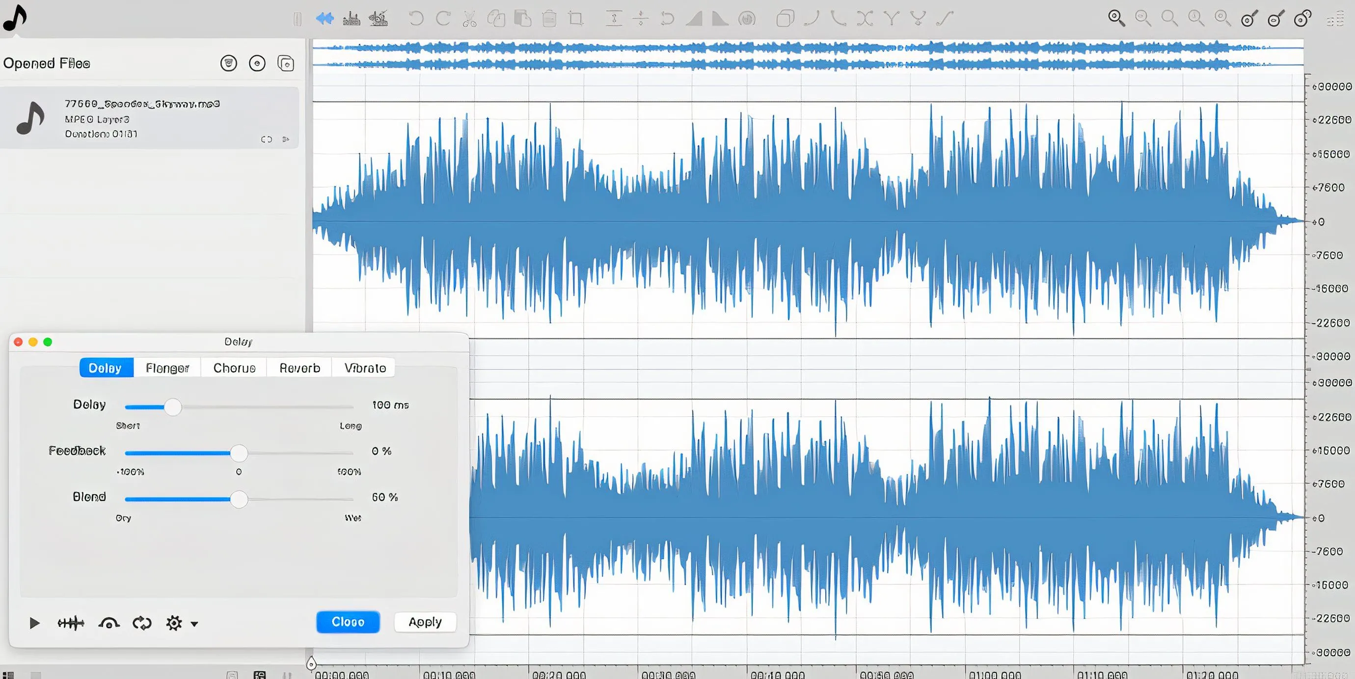 Ocenaudio hiển thị hiệu ứng âm thanh delay đang được chọn và áp dụng.