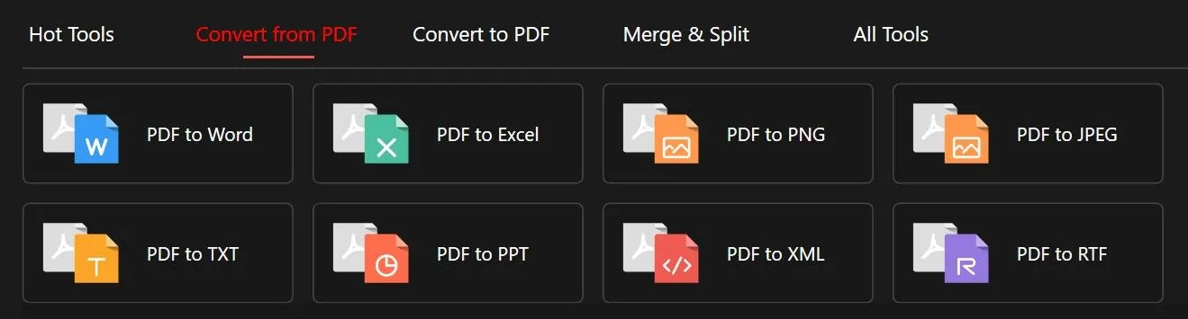 PDFGear hiển thị các tùy chọn chuyển đổi file PDF sang Word, Excel, PowerPoint, và định dạng hình ảnh một cách dễ dàng