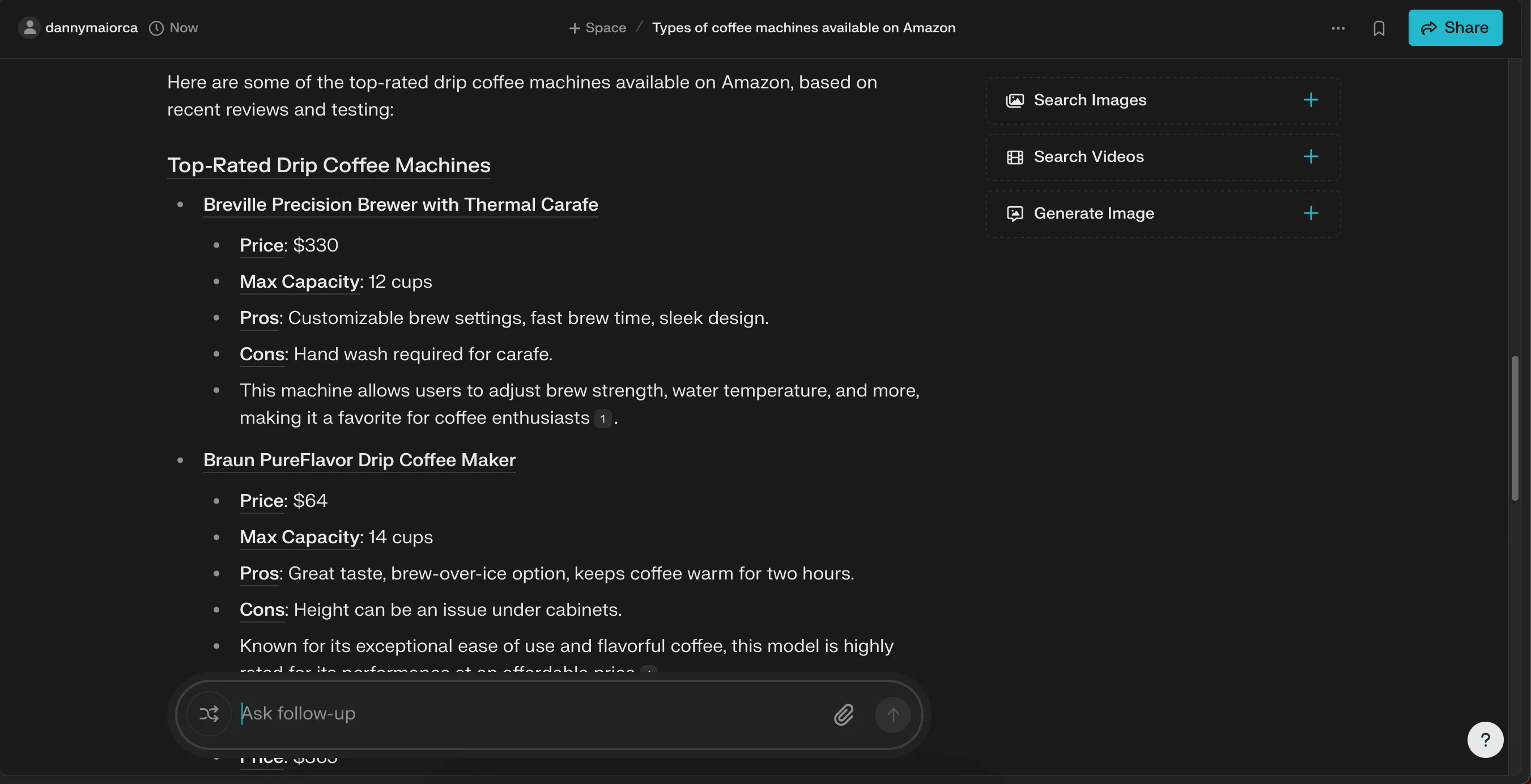 Perplexity AI hiển thị danh sách các mẫu máy pha cà phê nhỏ giọt (drip coffee makers) tốt nhất trên Amazon, giúp người dùng dễ dàng tìm kiếm.