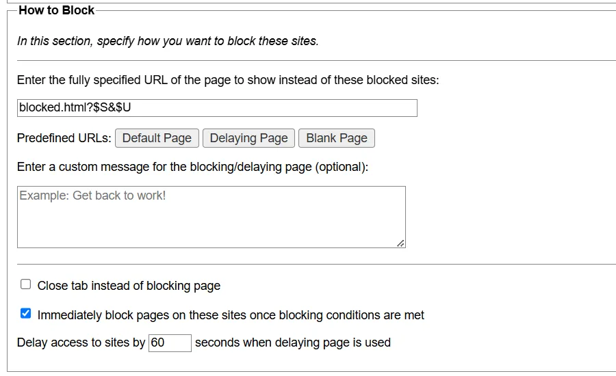 Phần &quot;Cách thức chặn&quot; (How to Block) của LeechBlock NG trong Chrome, chọn phương thức chặn trang web.
