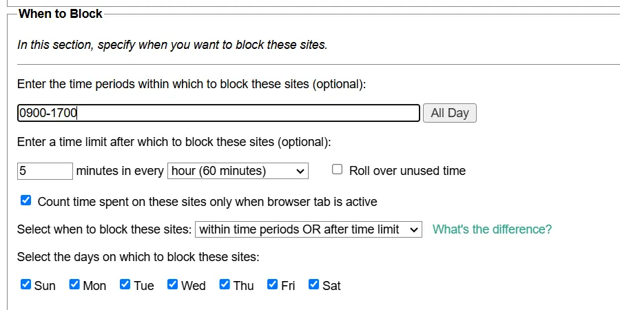 Phần &quot;Khi nào chặn&quot; (When to Block) của LeechBlock NG trong Chrome, thiết lập thời gian và giới hạn truy cập website.
