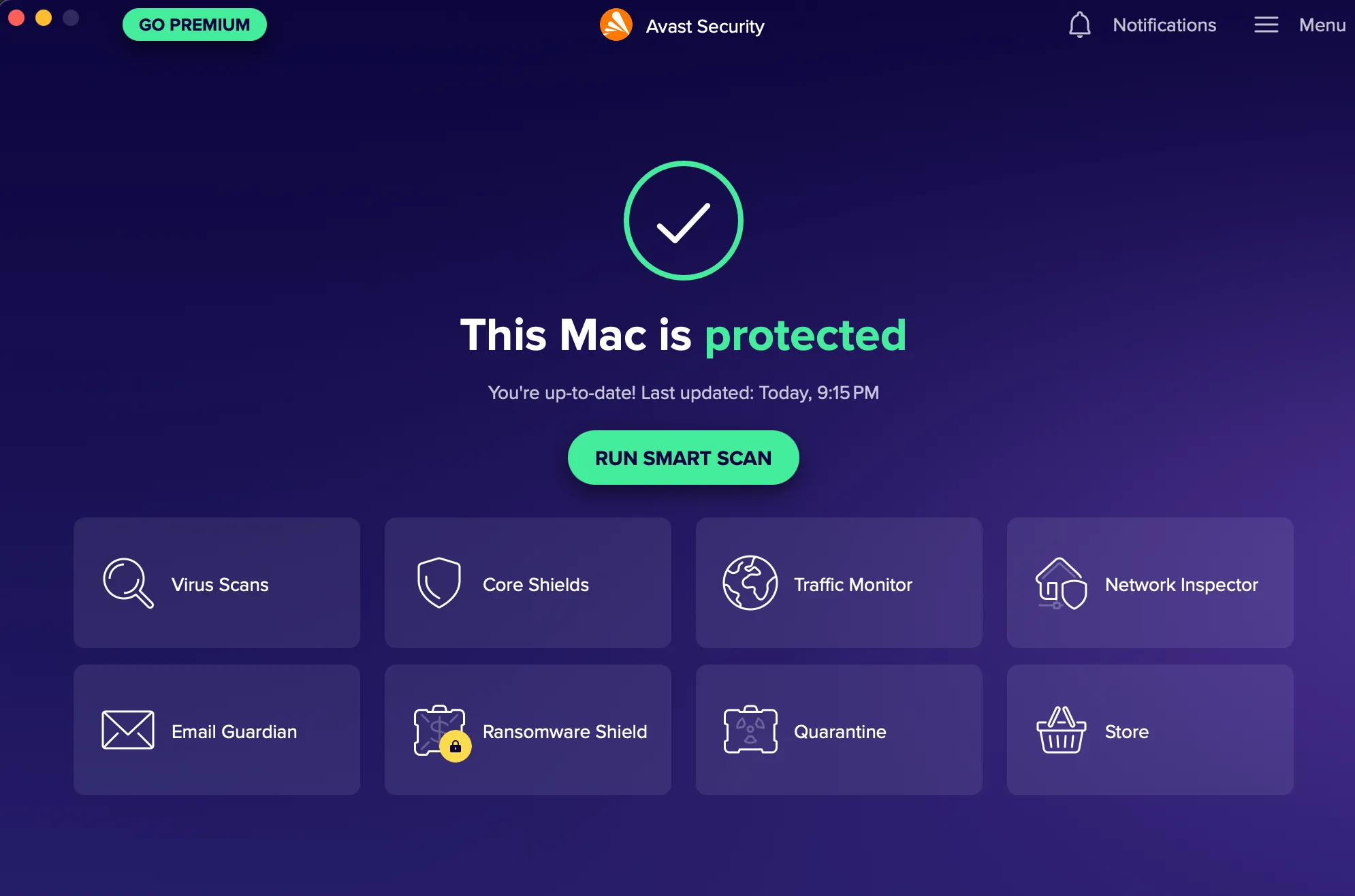Phần mềm diệt virus Avast đang hoạt động trên hệ điều hành macOS, biểu tượng quét và bảo vệ máy tính.