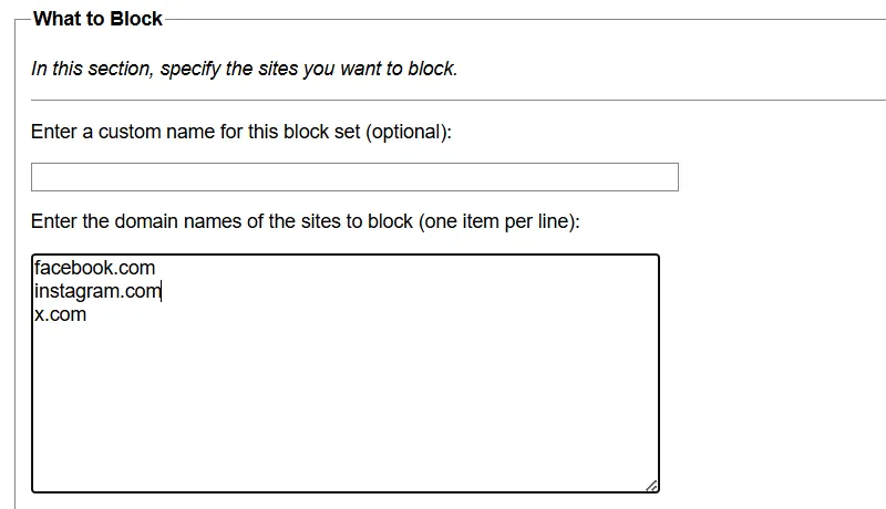 Phần &quot;Những gì cần chặn&quot; (What to Block) của LeechBlock NG trong Chrome, nơi nhập các tên miền trang web cần hạn chế.