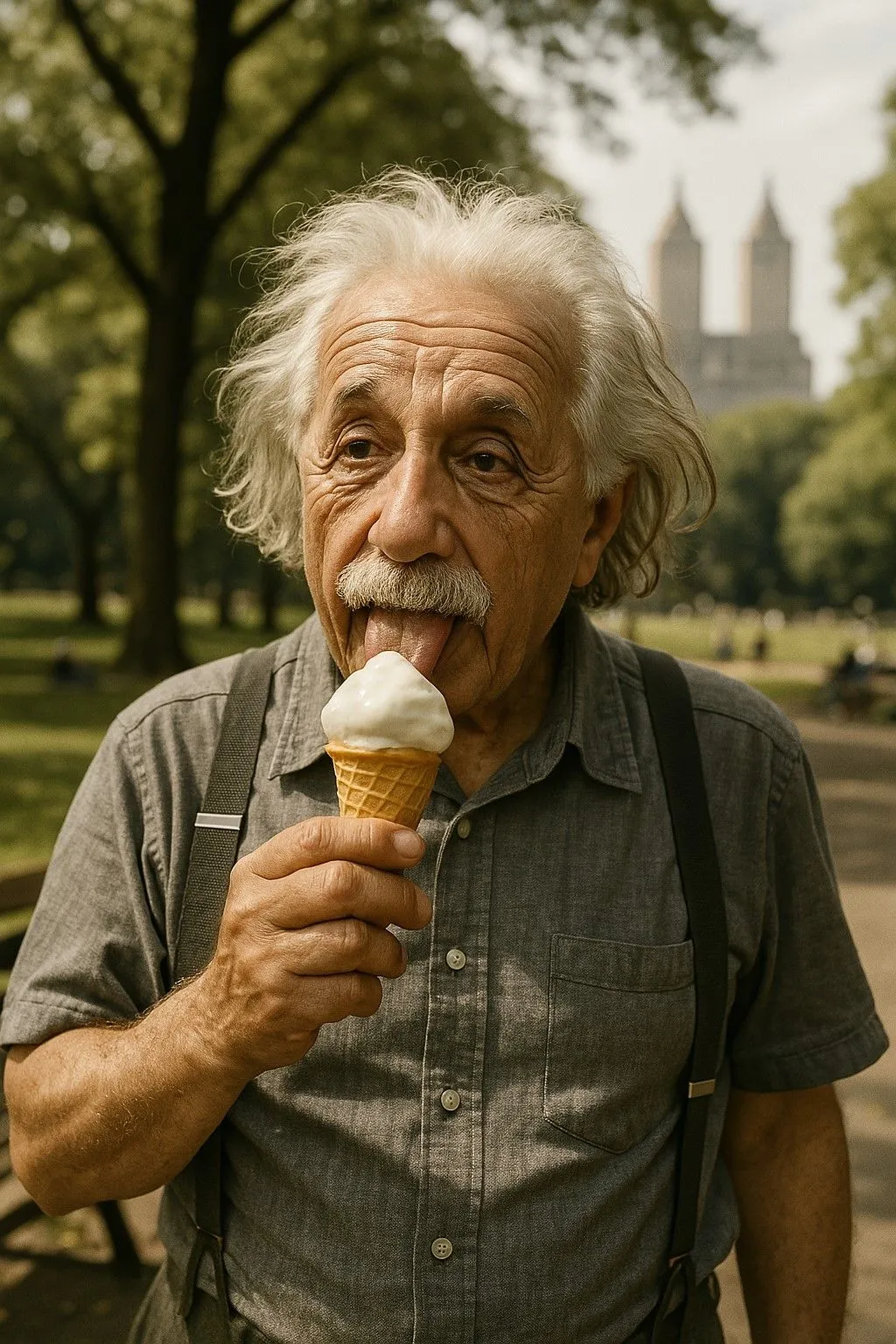 Phiên bản hình ảnh người đàn ông giống Einstein ăn kem ở Central Park, được cải thiện rõ rệt về chi tiết và độ chân thực khi tạo bằng ChatGPT GPT-4o.