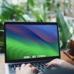 Phụ nữ đang nghiên cứu thông tin trên MacBook Air, minh họa việc tìm hiểu kỹ lưỡng về một công ty hoặc dự án để tránh lừa đảo online.