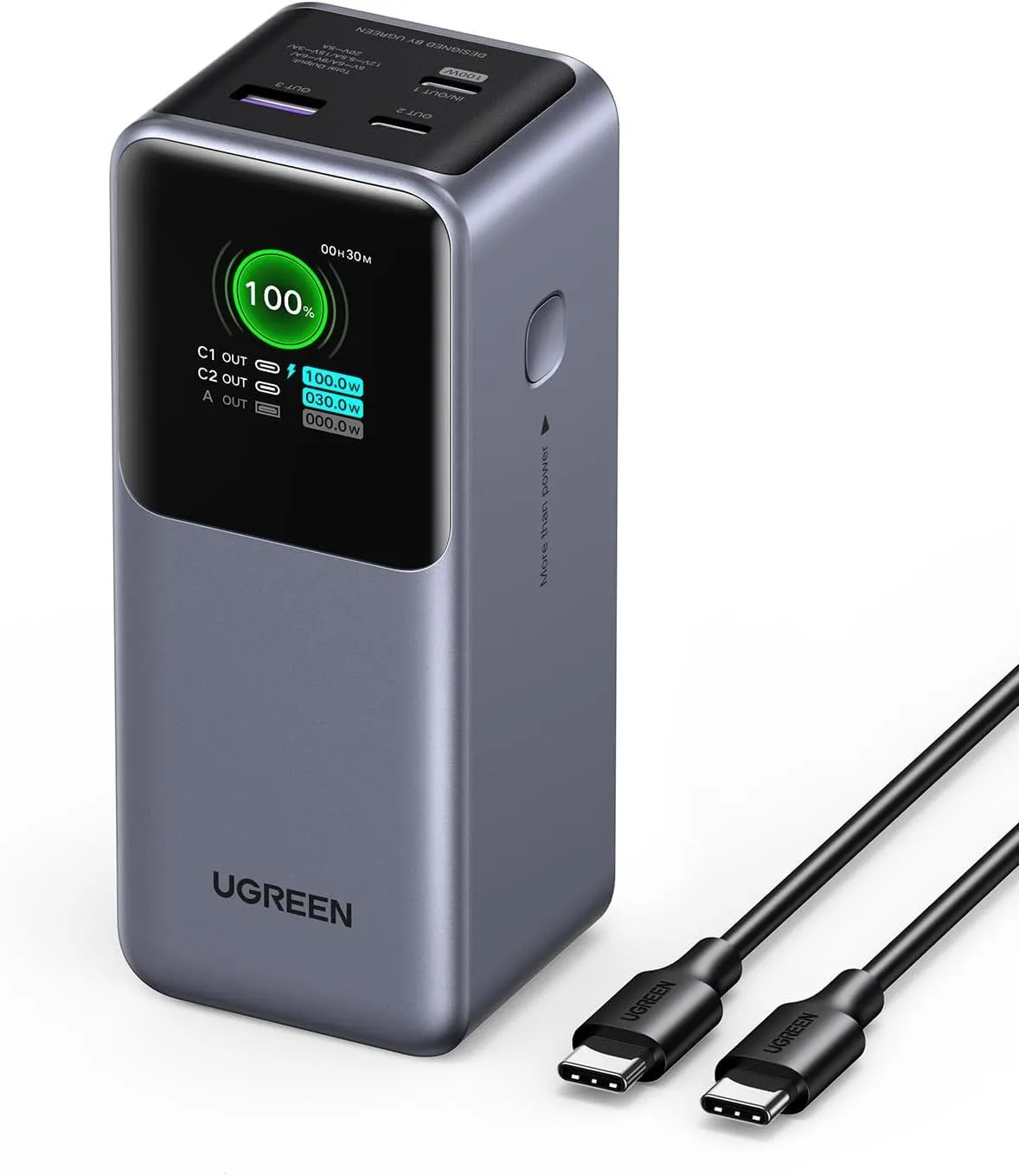 Pin sạc dự phòng Ugreen Nexode 20000mAh 130W màu đen với thiết kế gọn gàng
