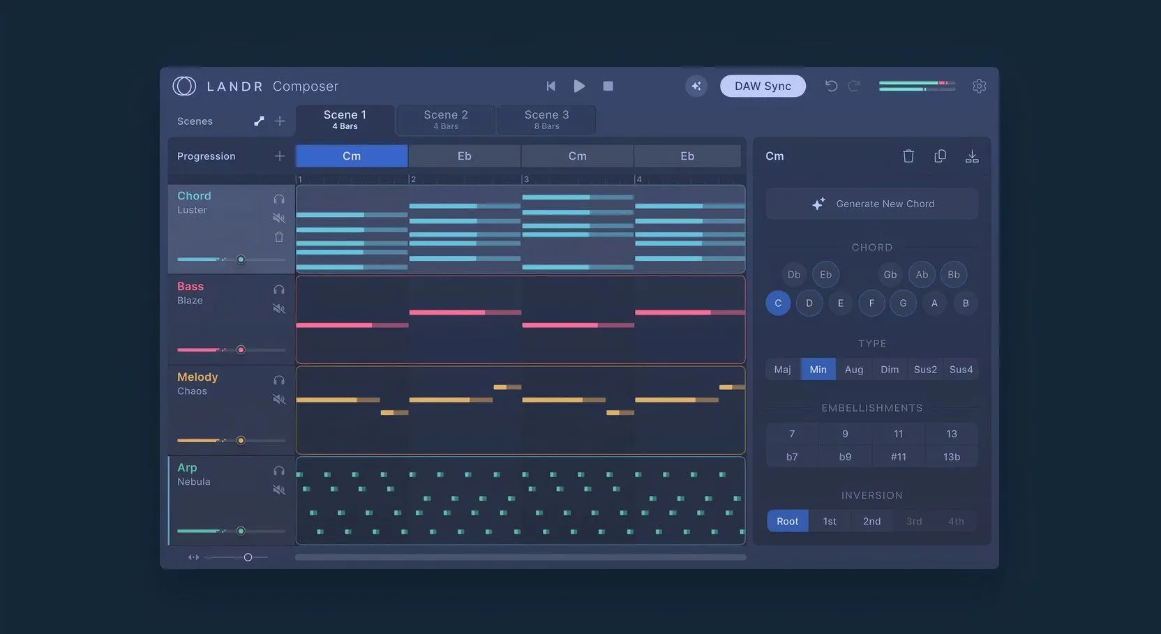 Plugin LANDR Composer trong DAW hiển thị các thành phần sáng tác nhạc AI