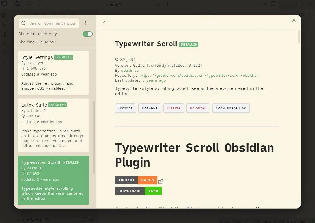 Plugin Typewriter Scroll giúp dòng văn bản luôn hiển thị ở giữa màn hình Obsidian