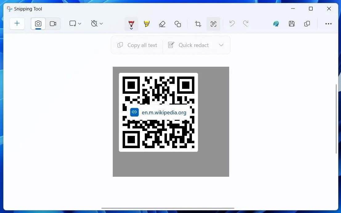 Quét mã QR trực tiếp trong ứng dụng Snipping Tool trên Windows 11 bằng tính năng Text Actions.