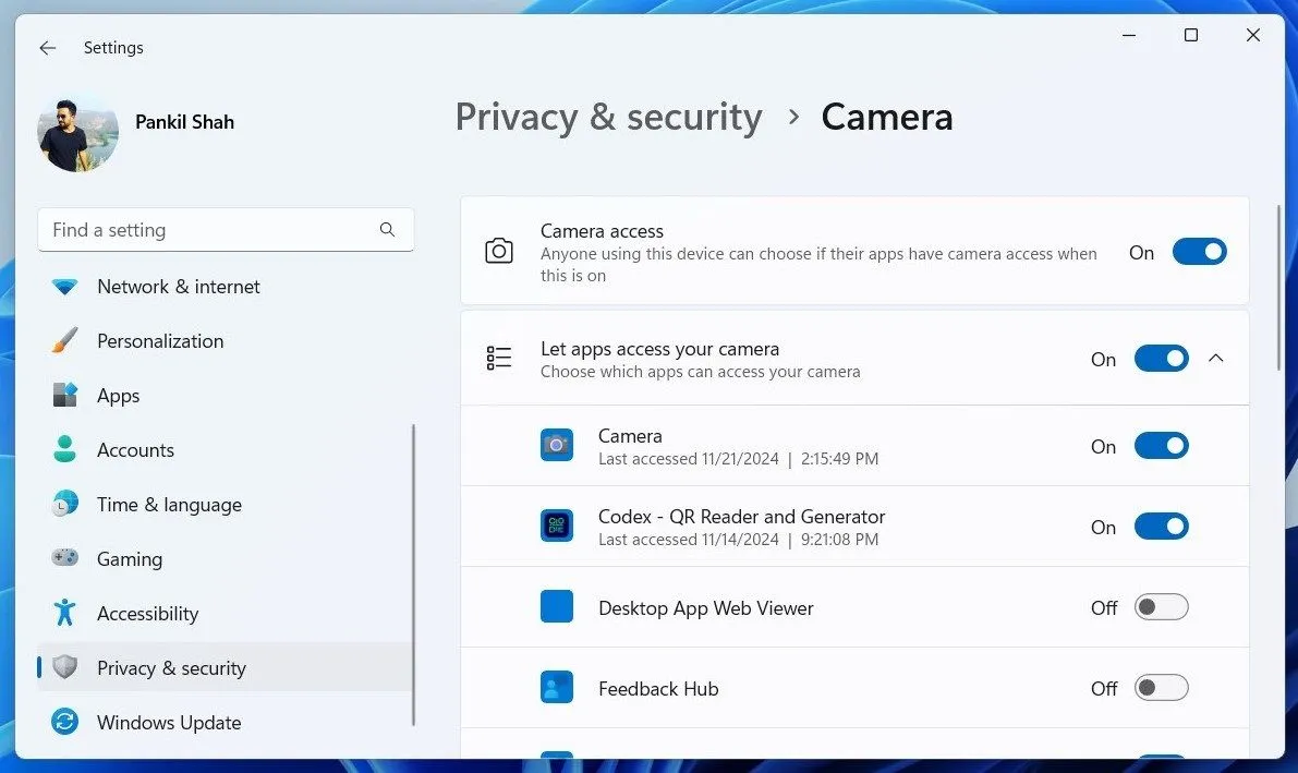 Quyền truy cập camera cho các ứng dụng trong Cài đặt Windows 11