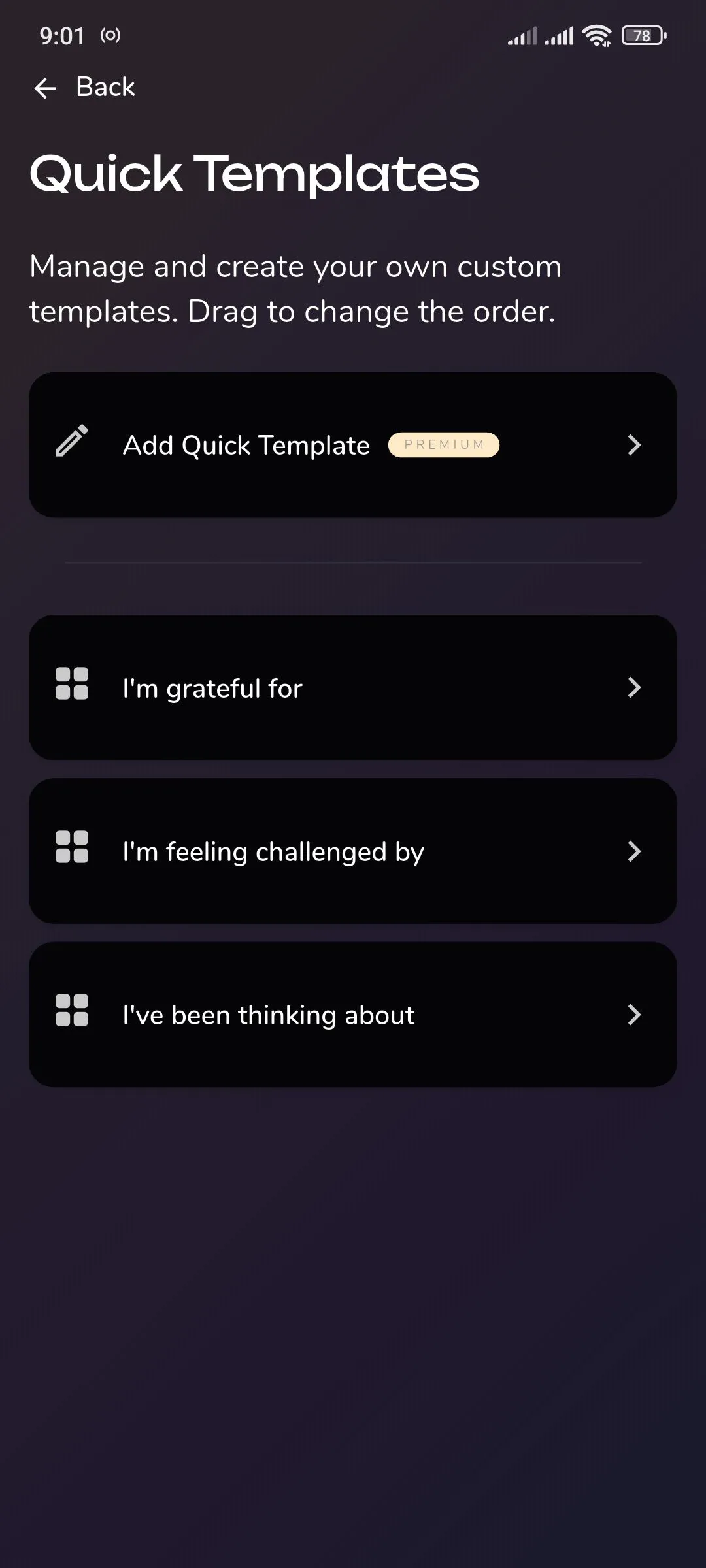 Reflection.app hiển thị các mẫu nhanh và nút thêm mẫu nhanh