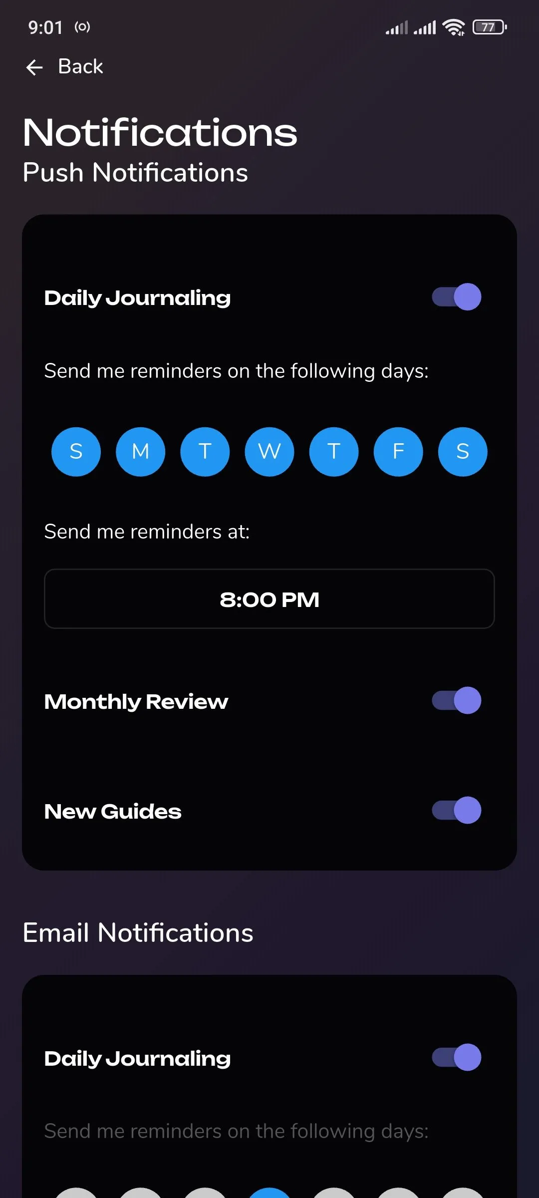 Reflection.app hiển thị cài đặt thông báo của ứng dụng