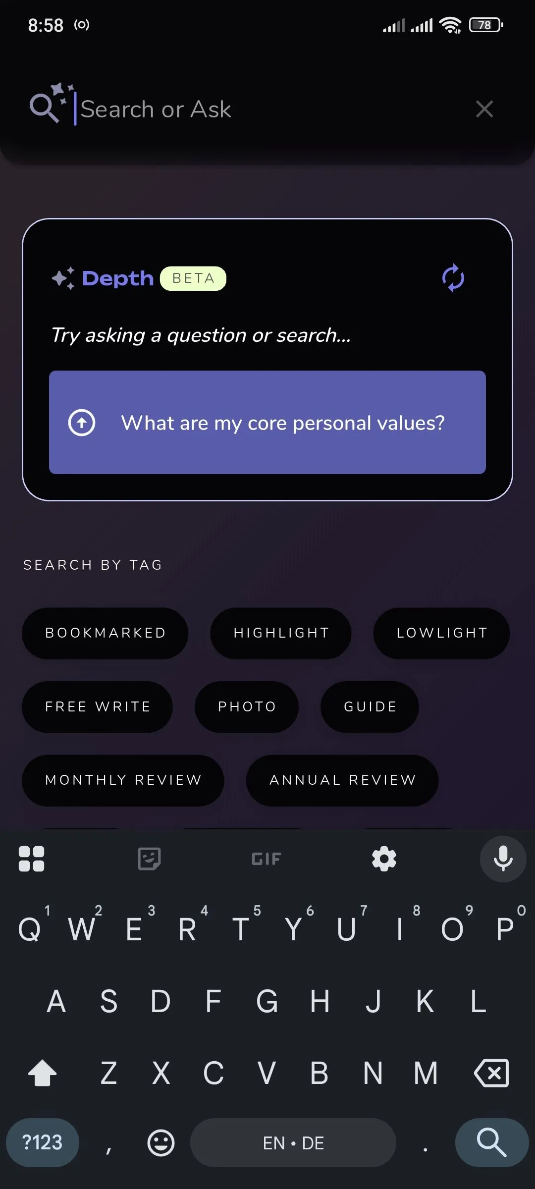 Reflection.app hiển thị Depth AI trong thanh tìm kiếm