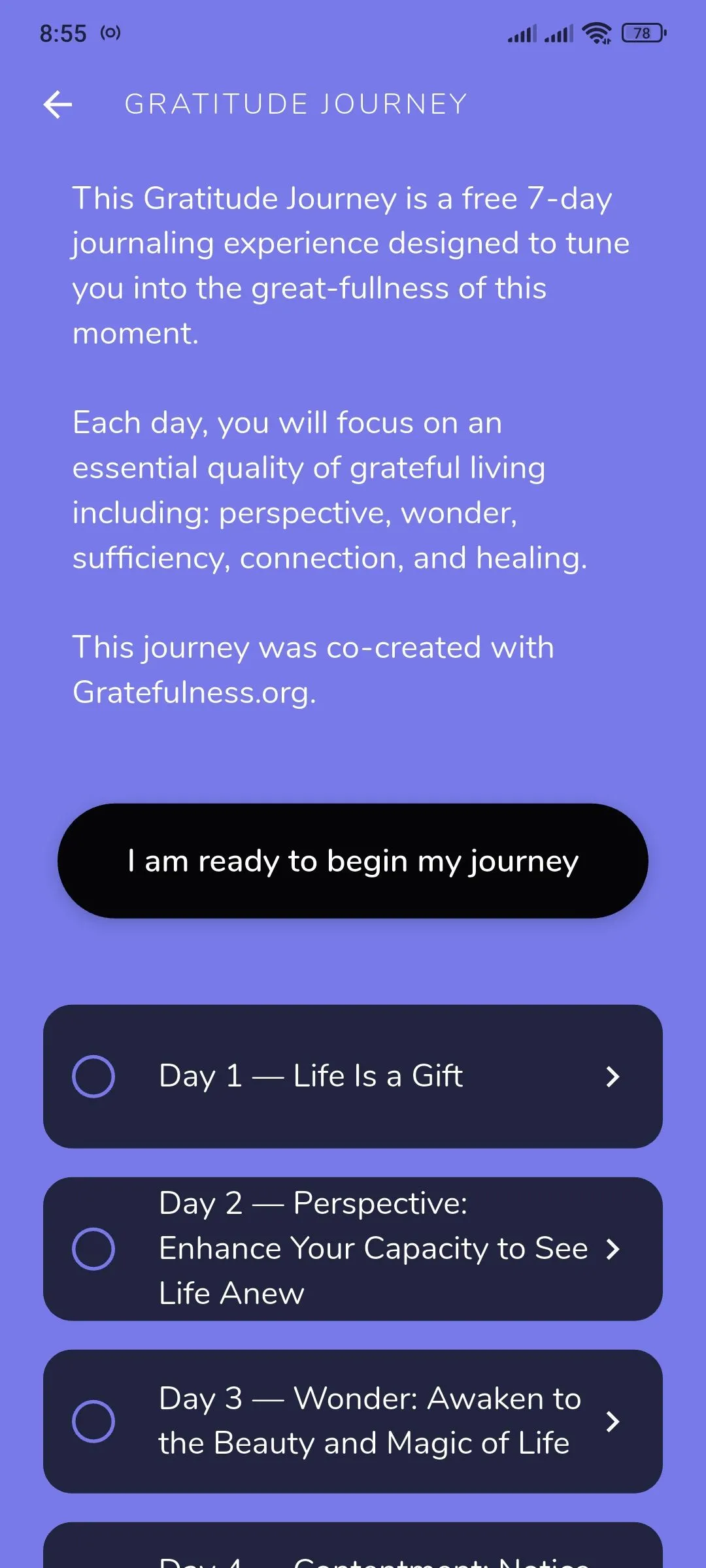 Reflection.app hiển thị màn hình hướng dẫn hành trình lòng biết ơn