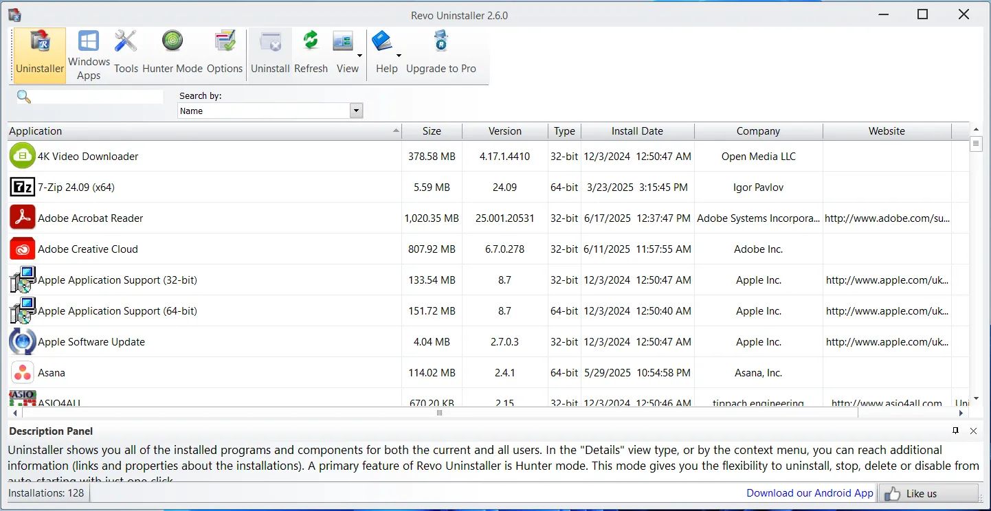 Revo Uninstaller đang hiển thị danh sách các chương trình đã cài đặt trên Windows, sẵn sàng để gỡ bỏ triệt để và loại bỏ các tệp còn sót lại.