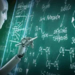 Robot AI đang giải bài toán phức tạp trên bảng xanh lá cây, minh họa khả năng suy luận của AI
