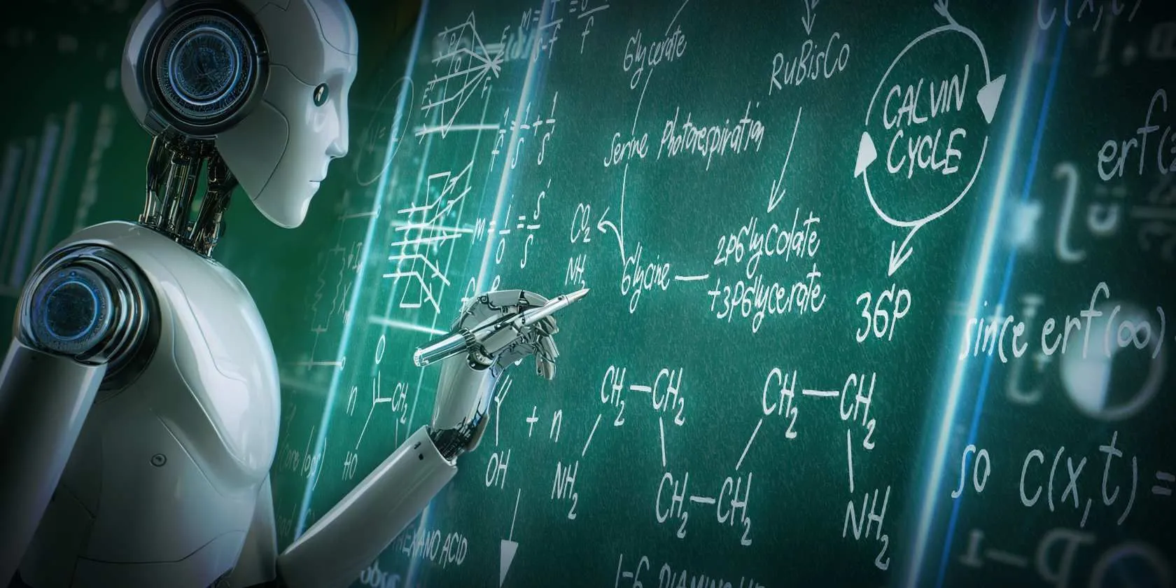 Robot AI đang giải bài toán phức tạp trên bảng xanh lá cây, minh họa khả năng suy luận của AI