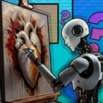 Robot đang vẽ bức tranh trái tim con người với dấu hỏi xung quanh, minh họa sự phát triển của nghệ thuật AI