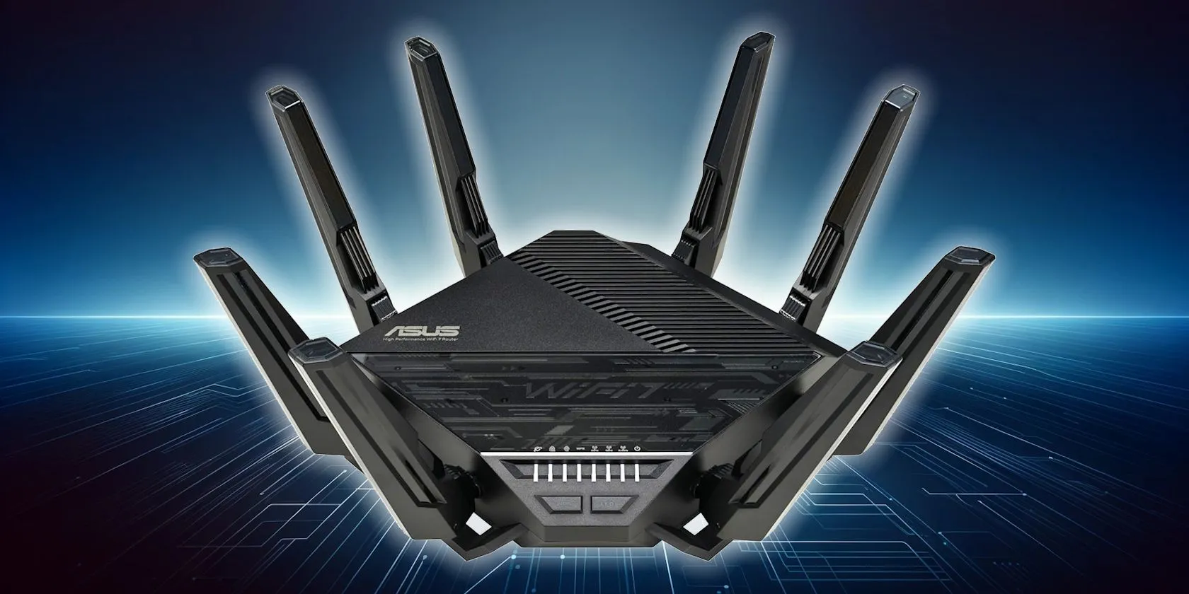 Router ASUS chuẩn Wi-Fi 7 trên nền công nghệ, minh họa cho các tiêu chí hiệu suất và công nghệ tiên tiến khi chọn mua router mới.
