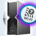 Router Wi-Fi 7 TP-Link với nhãn dán logo Wi-Fi 7 thể hiện công nghệ kết nối mạng không dây thế hệ mới