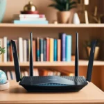 Router Wi-Fi hiện đại đặt trên bàn gỗ, biểu tượng của mạng không dây an toàn và hiệu quả trong gia đình.
