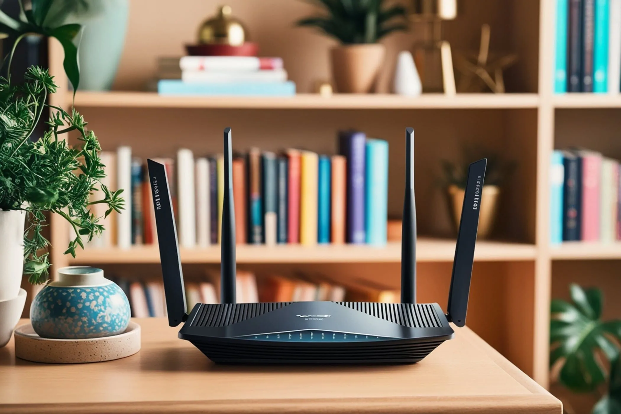 Router Wi-Fi hiện đại đặt trên bàn gỗ, biểu tượng của mạng không dây an toàn và hiệu quả trong gia đình.