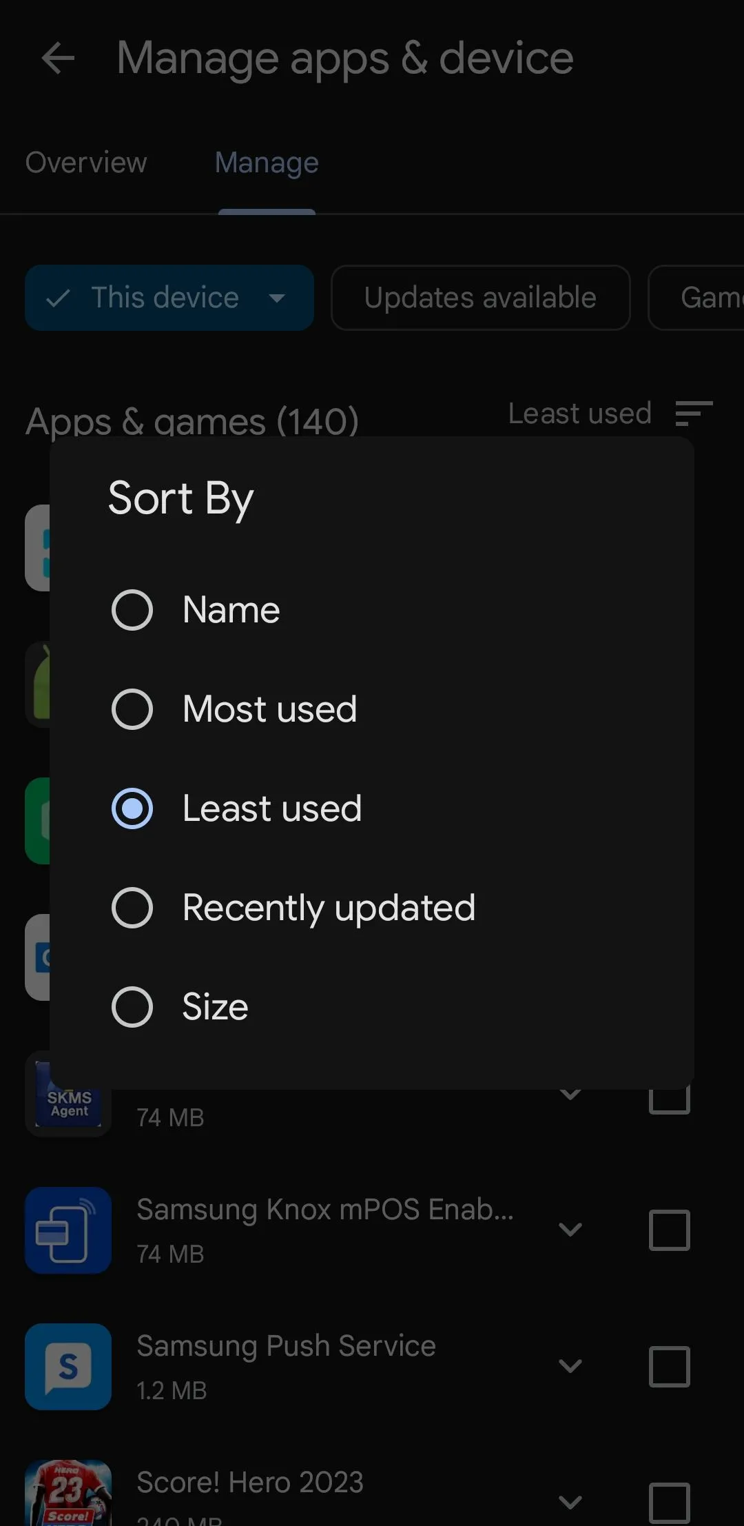 Sắp xếp ứng dụng theo mức độ sử dụng ít nhất trong Google Play Store