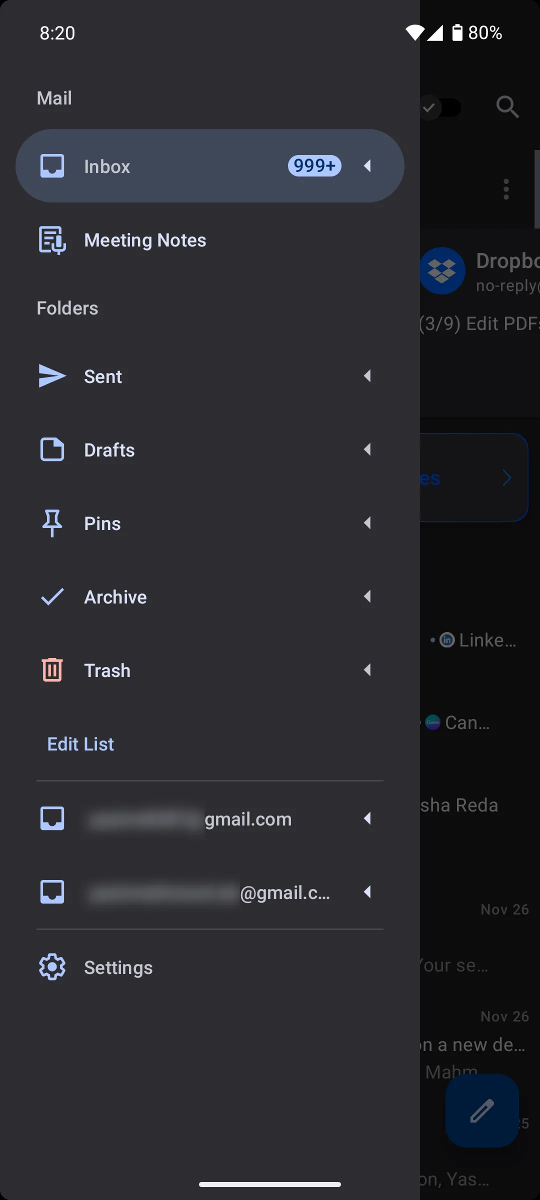 sidebar ứng dụng Spark Mail trên Android hiển thị các thư mục email cơ bản và tùy chọn chỉnh sửa danh sách