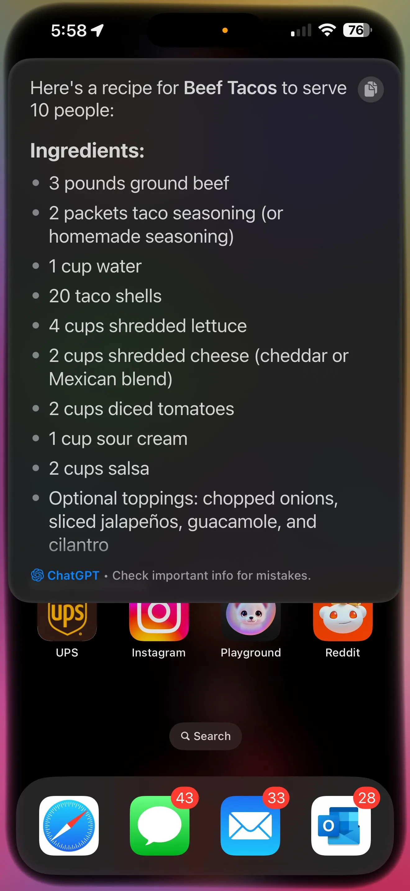 Siri ChatGPT gợi ý công thức nấu món taco
