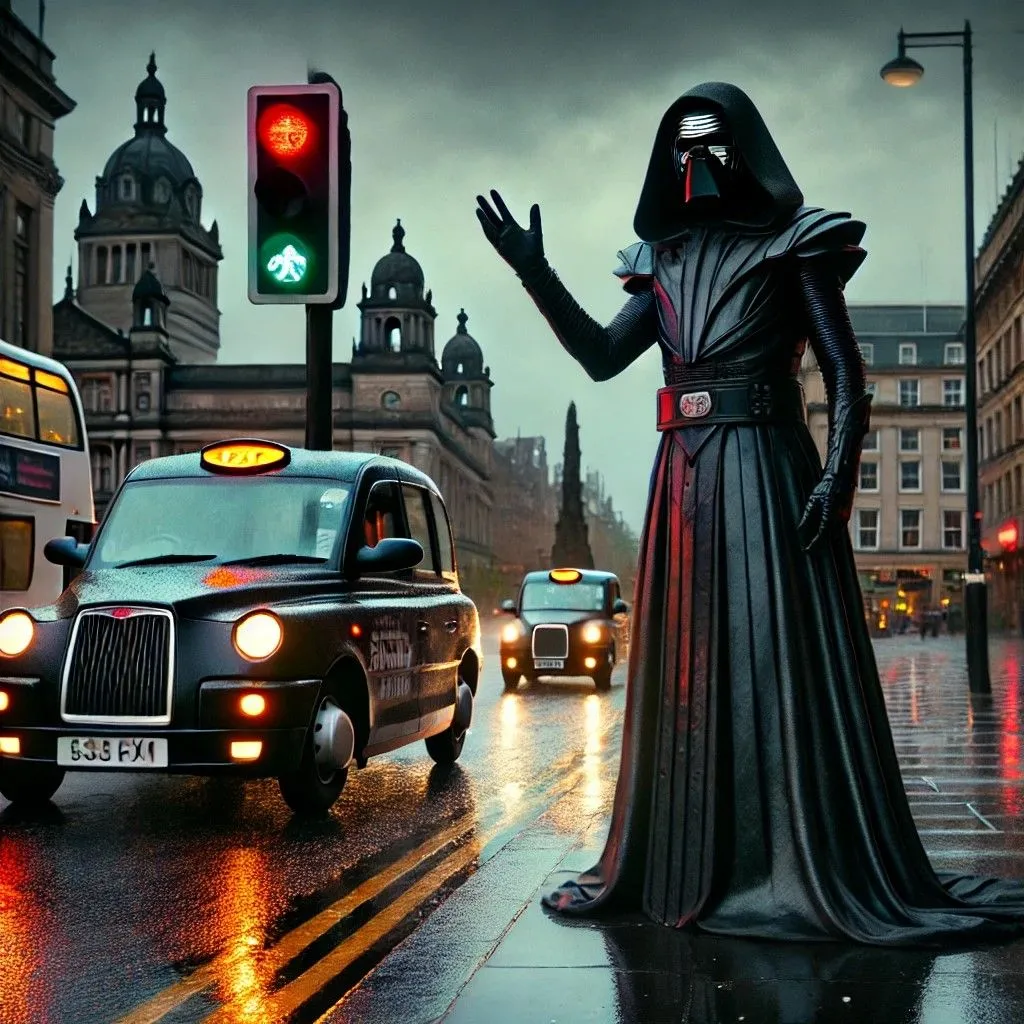 Sith Lord đang gọi taxi tại George Square, Glasgow với phong cách hoạt hình từ DALL-E