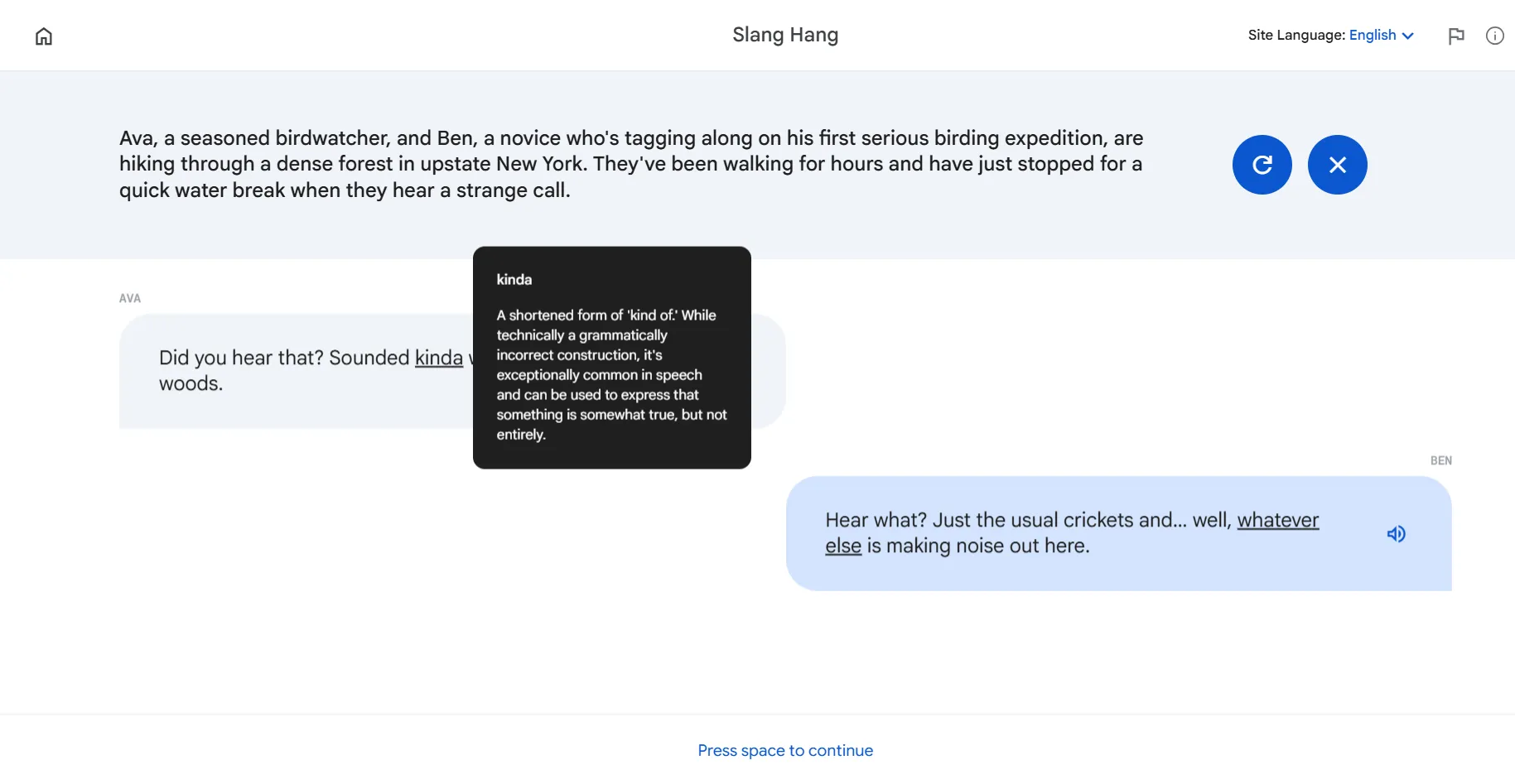 Slang Hang trong Google Labs với các nhân vật đối thoại sử dụng tiếng lóng