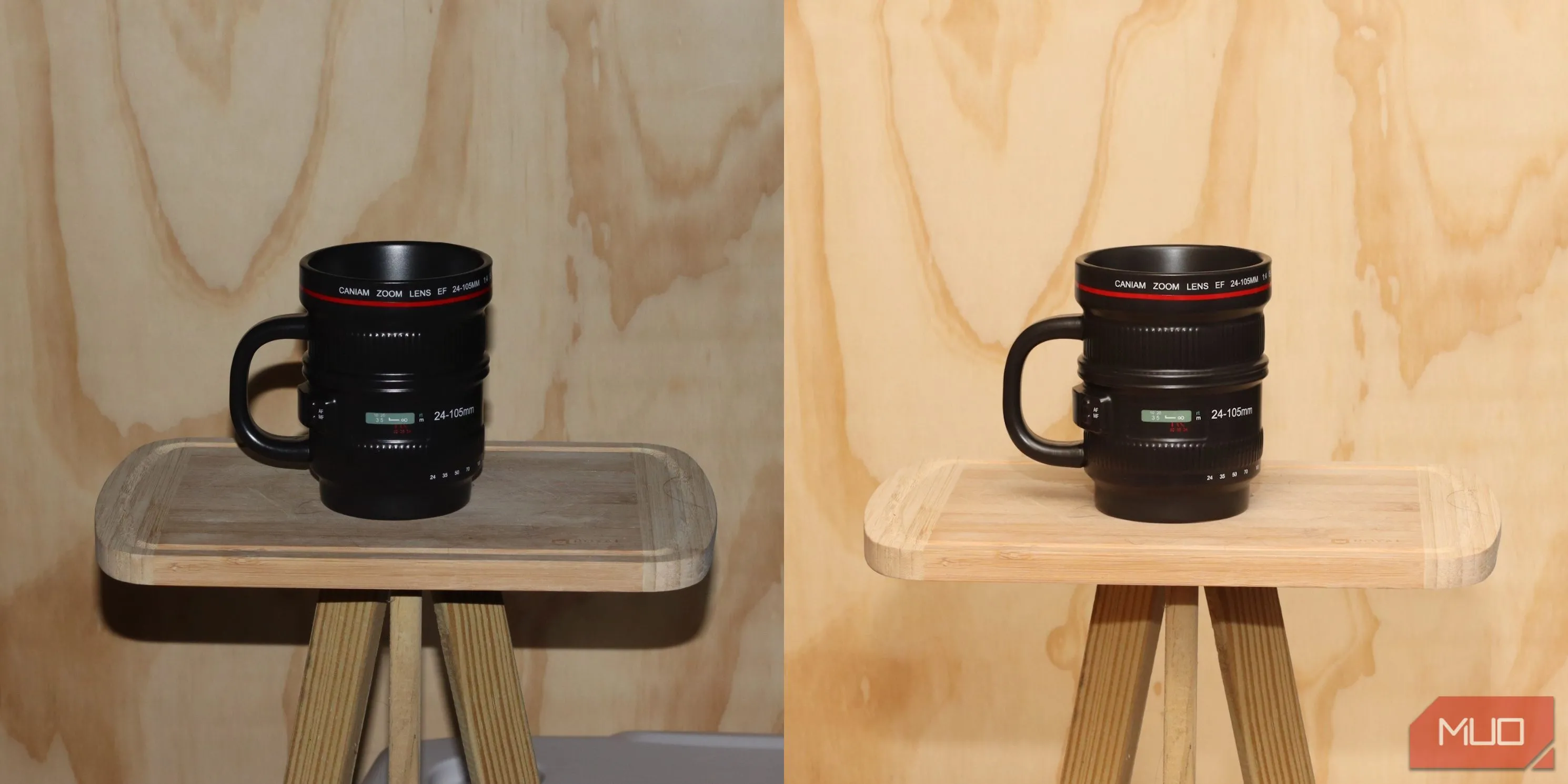 So sánh ảnh chụp cốc trên giá đỡ: bên trái dùng flash tích hợp tạo bóng gắt, bên phải dùng Godox VING flash cho ánh sáng mềm mại và không bóng