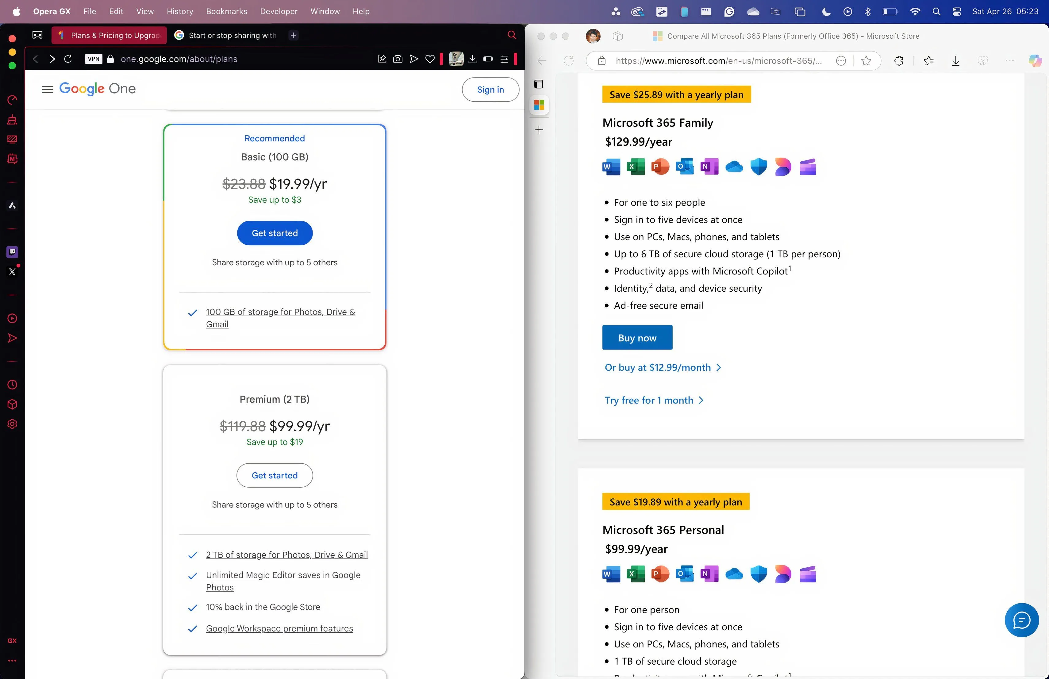 So sánh các gói đăng ký Google One và Microsoft 365 về dung lượng và giá