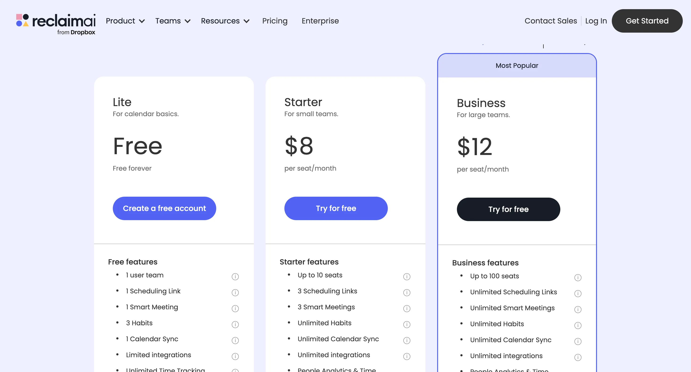So sánh các gói trả phí Starter, Business và Enterprise của Reclaim