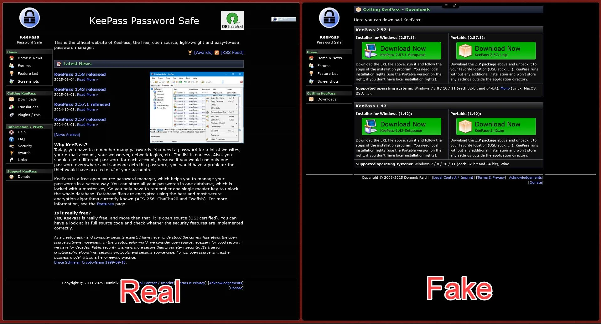 So sánh giao diện trang web KeePass chính thức (keepass.info) và trang web giả mạo (keeppaswrd.com) phân phối phần mềm độc hại KeeLoader