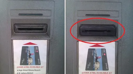 So sánh giữa một cây ATM bị gắn thiết bị skimmer và một cây ATM bình thường để nhận diện lừa đảo