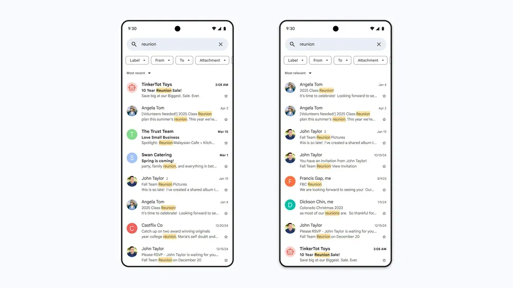 So sánh kết quả tìm kiếm Gmail trước và sau khi áp dụng AI "Phù hợp nhất"