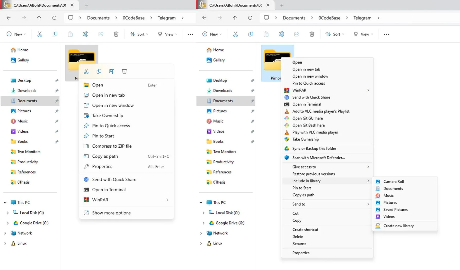 So sánh menu chuột phải (context menu) mặc định của Windows 11 và menu cổ điển của Windows 10, cho thấy sự thiếu tính năng.