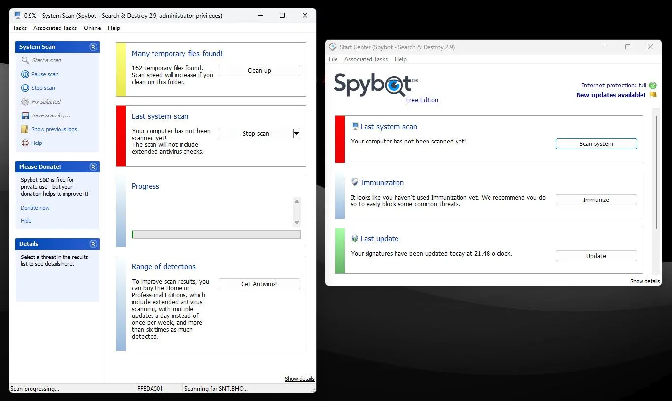 Spybot đang thực hiện quét để phát hiện phần mềm gián điệp trên máy tính Windows