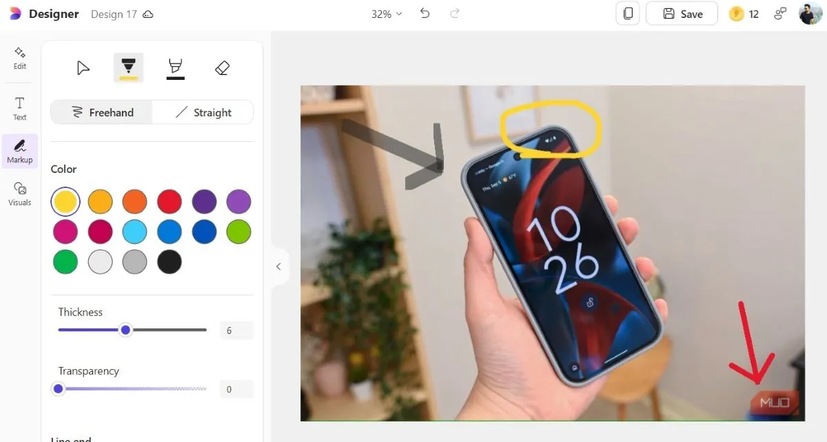 Sử dụng công cụ Markup để chú thích và đánh dấu ảnh trong Microsoft Designer với các kiểu bút và màu sắc