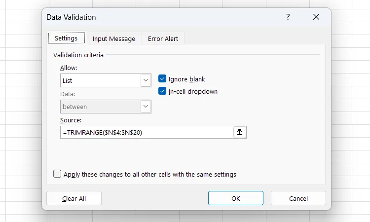 Sử dụng hàm TRIMRANGE trong thiết lập Data Validation để làm sạch danh sách