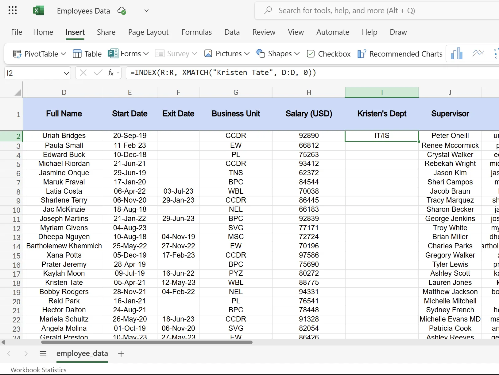 Sử dụng INDEX và XMATCH để tra cứu phòng ban của nhân viên Kristen Tate trong Excel