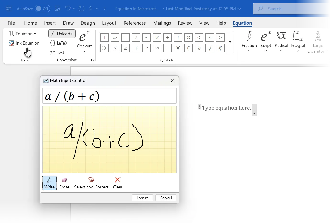 Sử dụng tính năng Ink Equation để viết công thức toán bằng chữ viết tay trong Word