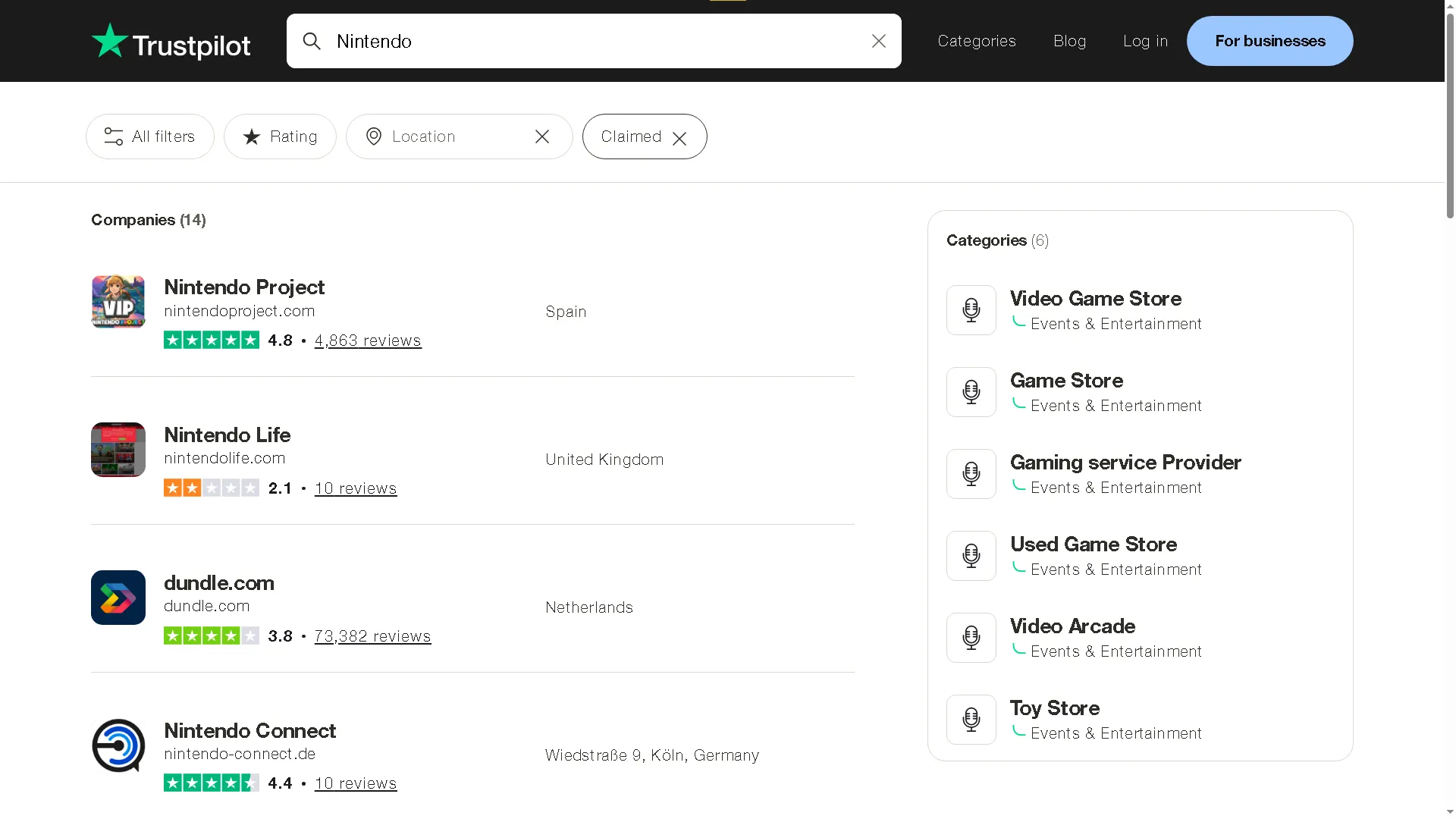 Sử dụng Trustpilot để tìm kiếm các đánh giá về thương hiệu Nintendo, giúp đánh giá độ uy tín