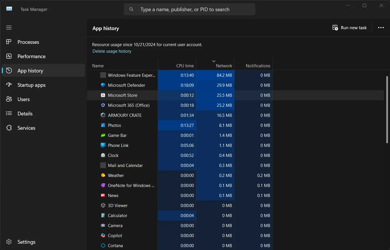 Tab App history trong Task Manager hiển thị dữ liệu sử dụng mạng của ứng dụng