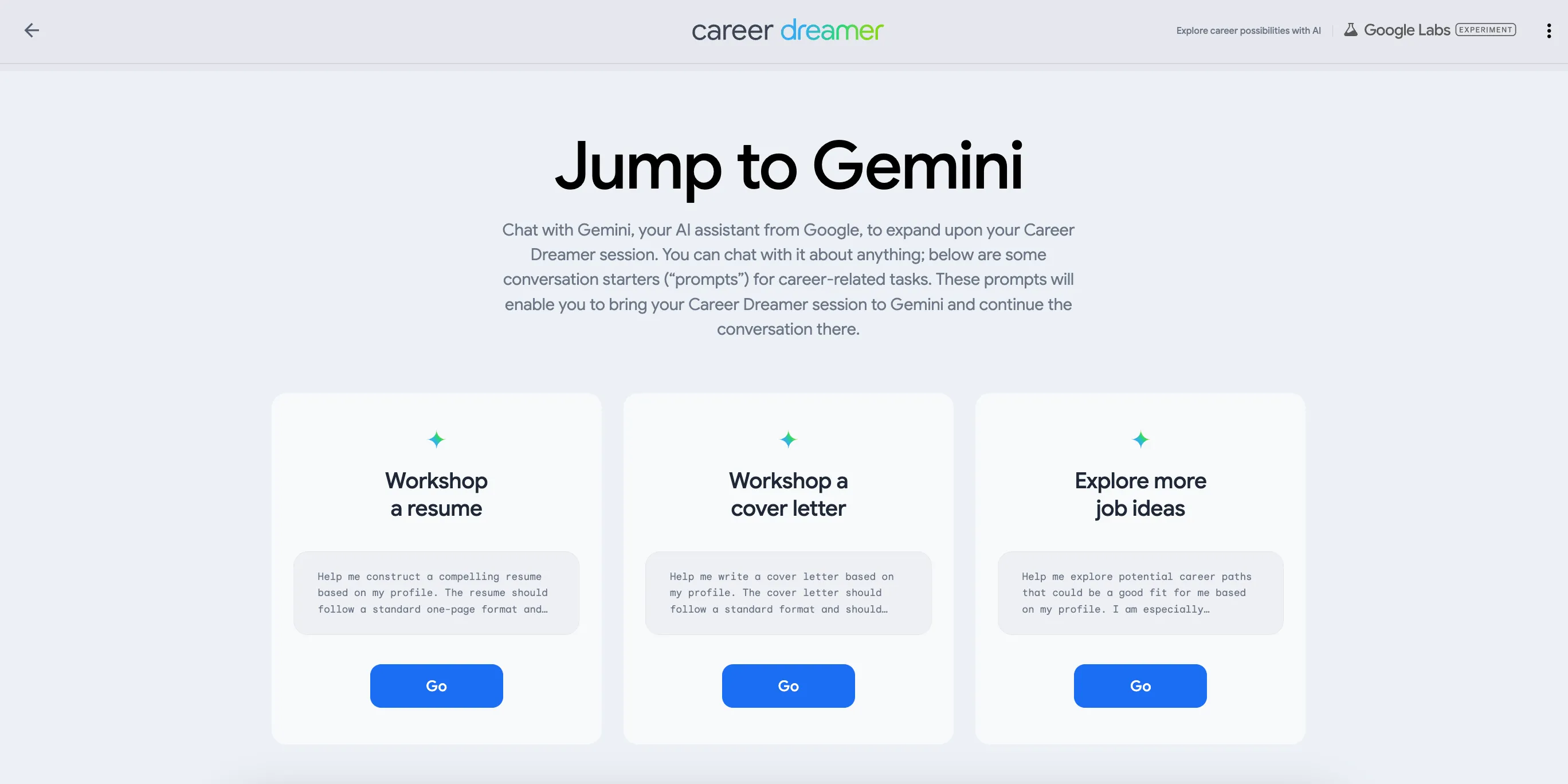 Tab &quot;Jump to Gemini&quot; trong Google Career Dreamer, tích hợp liền mạch với Gemini để hỗ trợ người dùng xây dựng hồ sơ xin việc và thư ứng tuyển.