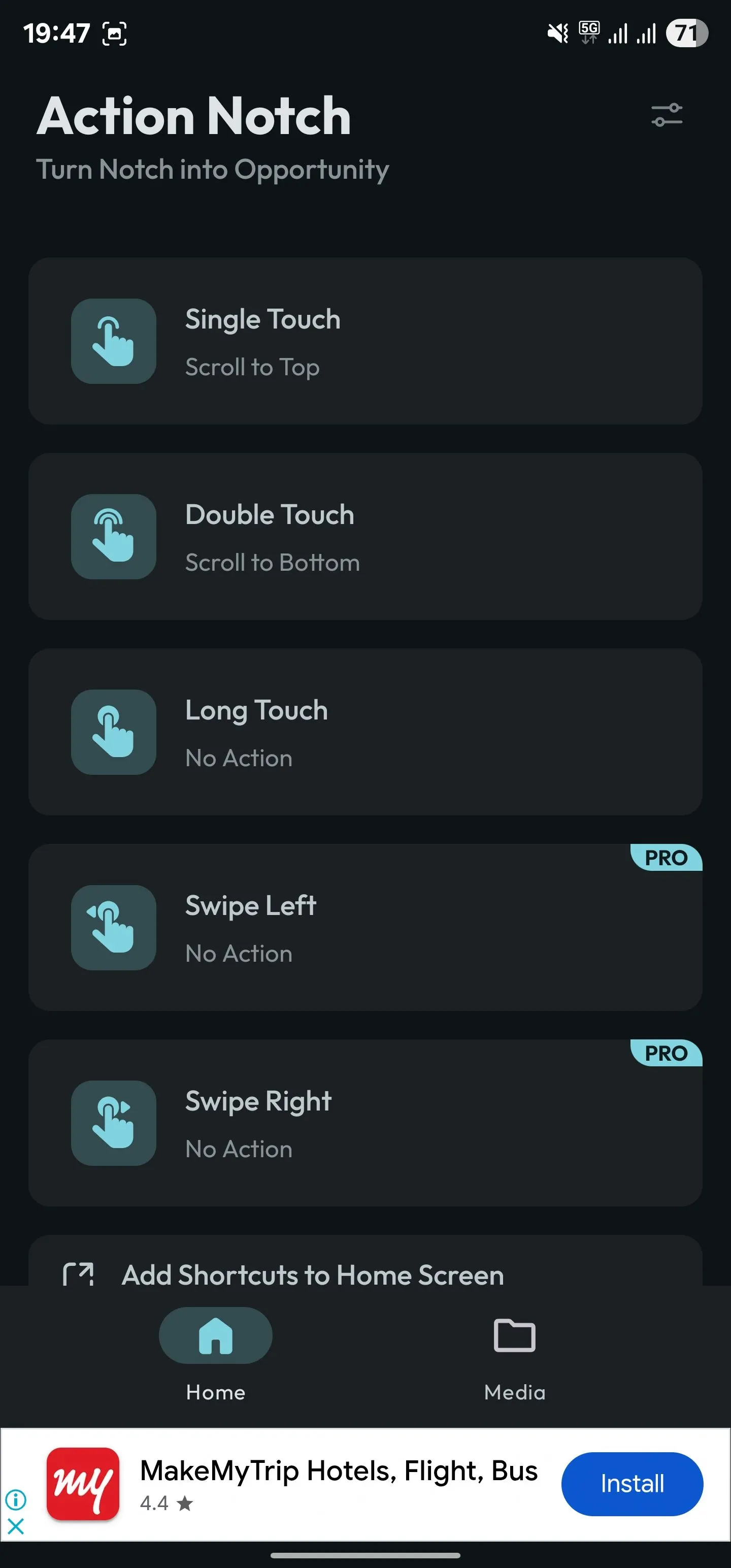 Tab Trang chủ trong ứng dụng Action Notch.